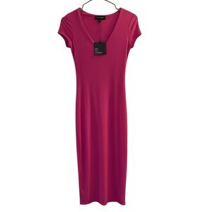 Fuchsia Ribbed V-Neck Midi Dress